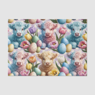 Schattige Schotse Hoogland Koe Pasen Tulpen Pastel Tissuepapier
