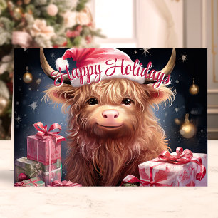 Schattige Schotse Hooglandkoe Gelukkig Kerstfeest Feestdagen Kaart