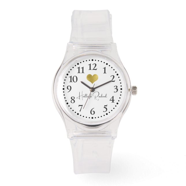 Schattige scriptnaam gouden hartmonogram horloge (Voorkant)