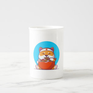 Schattige Shiba Inu die Ramen Noodle Cartoon eet Porselein Kop