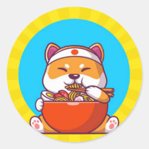 Schattige Shiba Inu die Ramen Noodle Cartoon eet Ronde Sticker