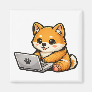 Schattige Shiba Inu met Laptop – Gezellige Honden Magneet