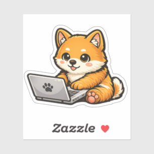 Schattige Shiba Inu met Laptop – Gezellige Honden Sticker
