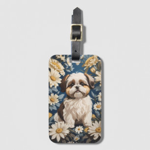 Schattige Shih Tzu Dog White Daisy Flowers Bagagelabel