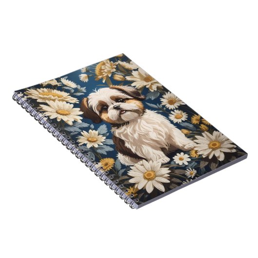 Schattige Shih Tzu Dog White Daisy Flowers Notitieboek (Rechterzijde)