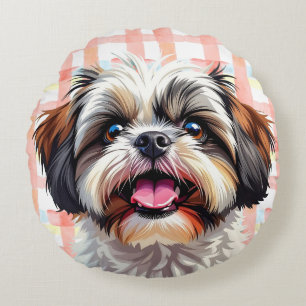 Schattige Shih Tzu Pink Plaid Rond Kussen