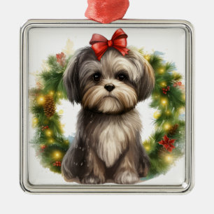 SCHATTIGE SHIH TZU PUPPY DOG KERSTKRANS METALEN ORNAMENT