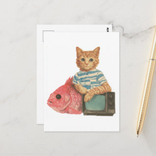 Schattige Siamese Kat Met Goudvis en TV Retro Coll Briefkaart