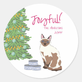 Schattige Siamese Kat met Tonijn Vrolijke Kerst Ronde Sticker