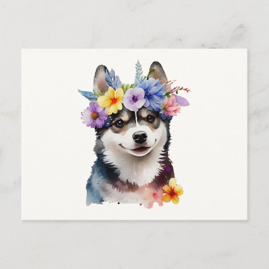 Schattige Siberische Husky-hond met bloemen Briefkaart (Voorkant)