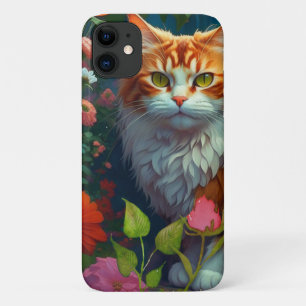 Schattige Sinaasappel Cat in Flowers iPhone 11 Hoesje