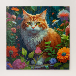 Schattige Sinaasappel Cat in Flowers Legpuzzel