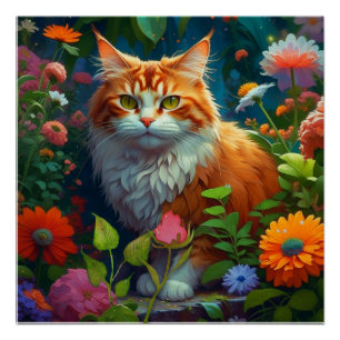 Schattige Sinaasappel Cat in Flowers Perfect Poster