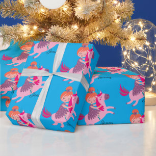 Schattige Sinaasappel Haired Meisje Rijden op een  Cadeaupapier