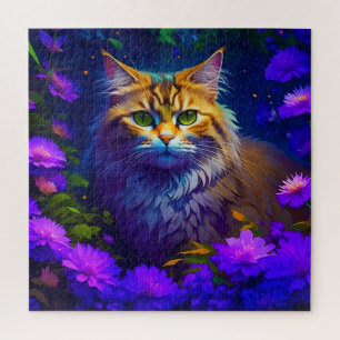 Schattige Sinaasappel Kitty Cat in Flowers Legpuzzel