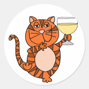 Schattige Sinaasappel Tabby Kat Drink Wijn Cartoon Ronde Sticker