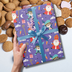 Schattige Sinterklaas en Piet-patroon op paars Cadeaupapier