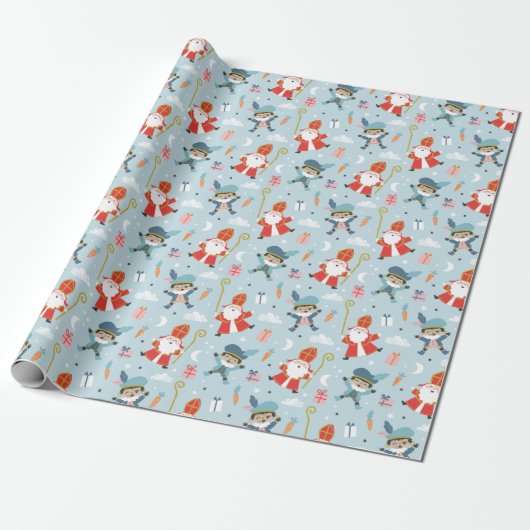 Schattige Sinterklaas en Piet Pattern op lichtblau Cadeaupapier (Uitgerold)