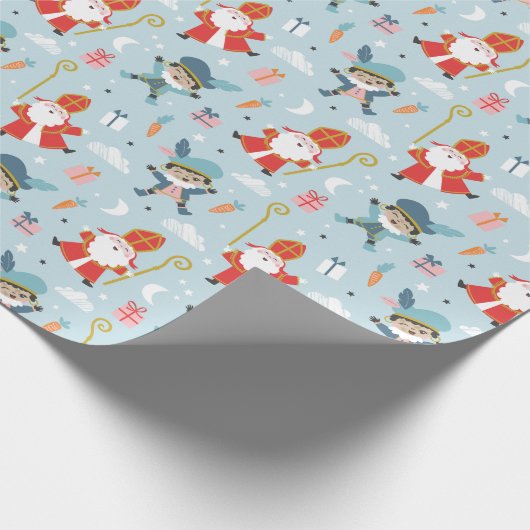 Schattige Sinterklaas en Piet Pattern op lichtblau Cadeaupapier (Hoek)