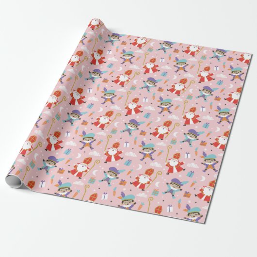 Schattige Sinterklaas en Piet Pattern op Roze Cadeaupapier (Uitgerold)