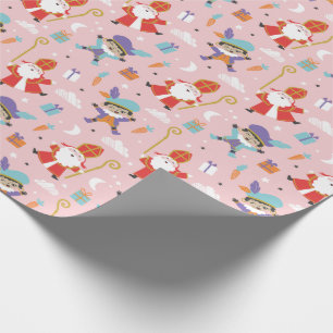 Schattige Sinterklaas en Piet Pattern op Roze Cadeaupapier