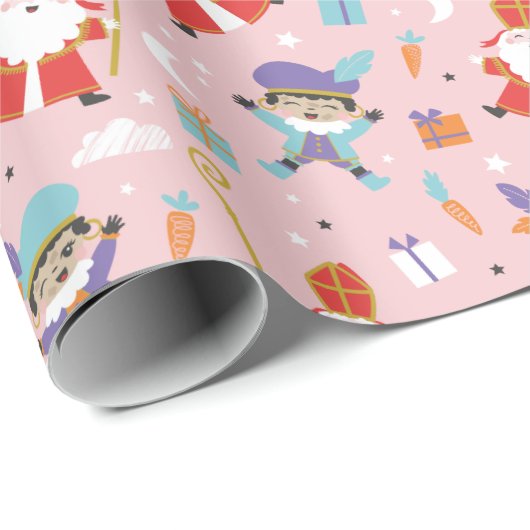 Schattige Sinterklaas en Piet Pattern op Roze Cadeaupapier (Rol Hoek)