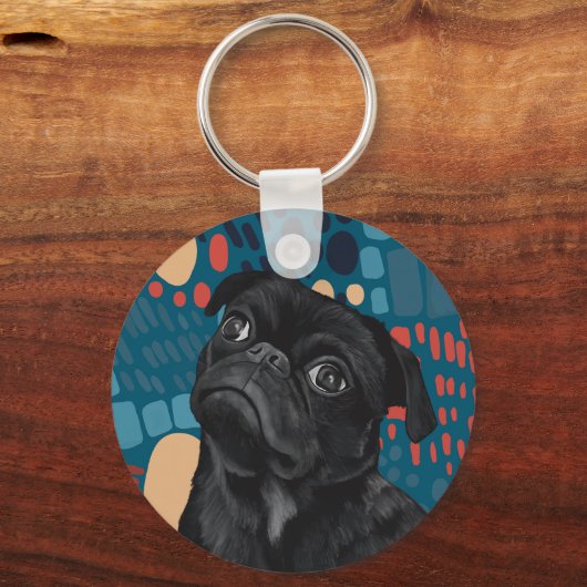 Schattige Sitting Black Pug Dog op Blauw Abstract Sleutelhanger (Achterkant)