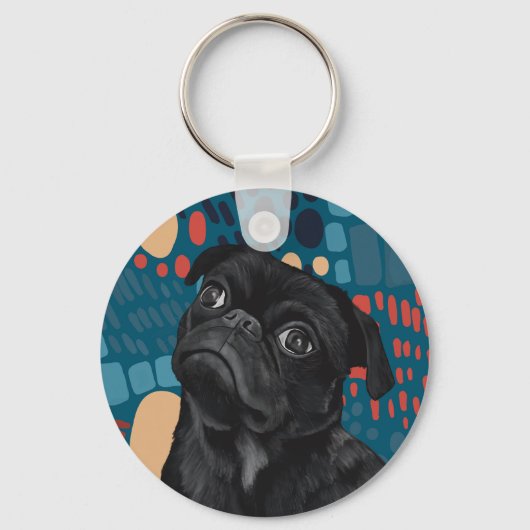 Schattige Sitting Black Pug Dog op Blauw Abstract Sleutelhanger (Achterkant)
