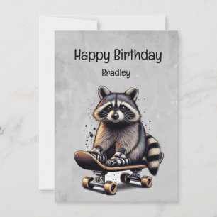 Schattige skateboarden Raccoon Fun Animal Birthday Kaart
