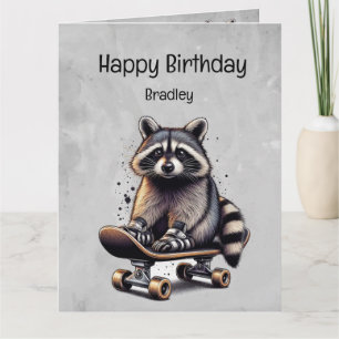 Schattige skateboarden Raccoon Fun Animal Birthday Kaart