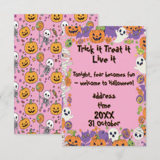 Schattige skeletten en snoep roze voor Halloween Kaart