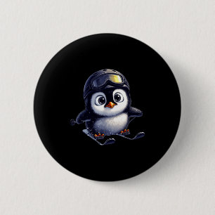 Schattige skiperende pinguïn winteravonturen beman ronde button 5,7 cm