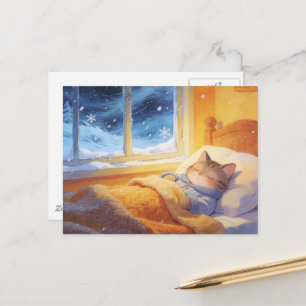 Schattige Slaande Kat Winter Sneeuw Buiten Briefkaart