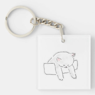 Schattige Slaande Witte Kat In Doos Handgetekende Sleutelhanger
