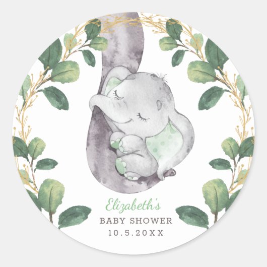 Schattige Slapen Baby Olifant Groen Gouden Douche Ronde Sticker (Voorkant)