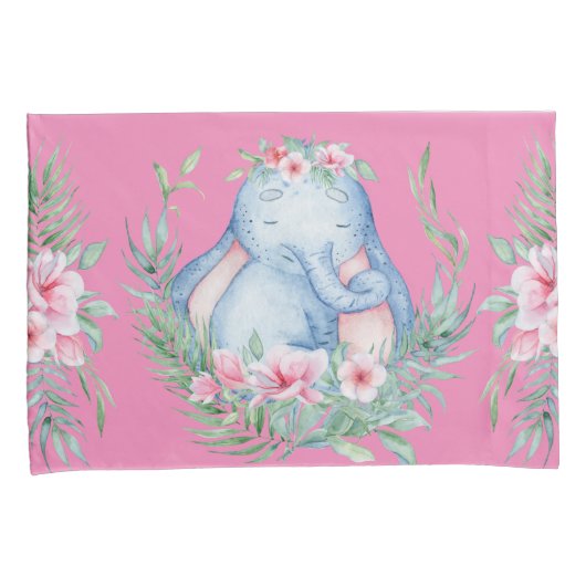 Schattige slapende olifant PInk Floral Kinder Room Kussensloop (Voorkant-Rechts)