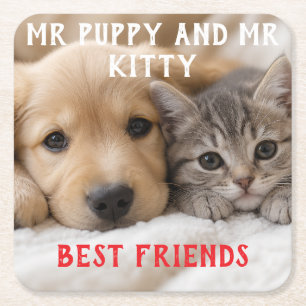 Schattige Slapende Puppy en Kitten Knuffelen Vierkante Kartonnen Onderzetter