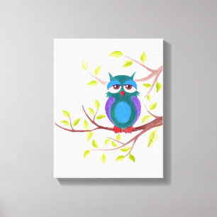 Schattige slapende uil in een boom Cartoon schilde Canvas Afdruk