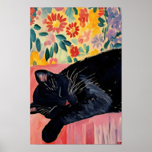Schattige slapende zwarte kat poster