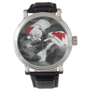 schattige slaperige puppies voor kerstmis santa horloge