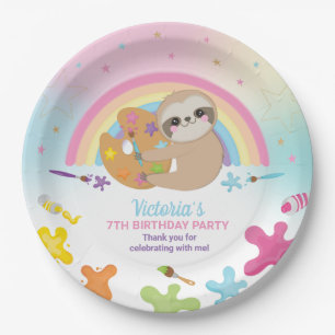 Schattige Sloth Art Craft Party Regenboog Verjaard Papieren Bordje