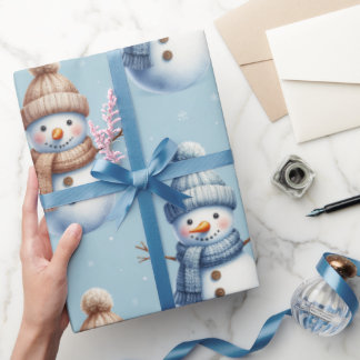 Schattige Sneeuwman Blauwe Sneeuwige Achtergrond K Cadeaupapier