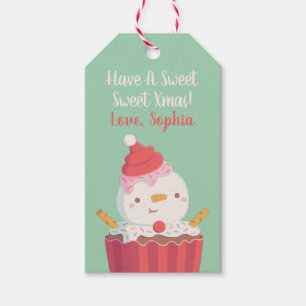 Schattige Sneeuwman Cupcake, Zoete Kerst Cadeaulabel