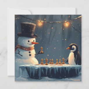 Schattige sneeuwman en pinguïn spelen schaken feestdagenkaart