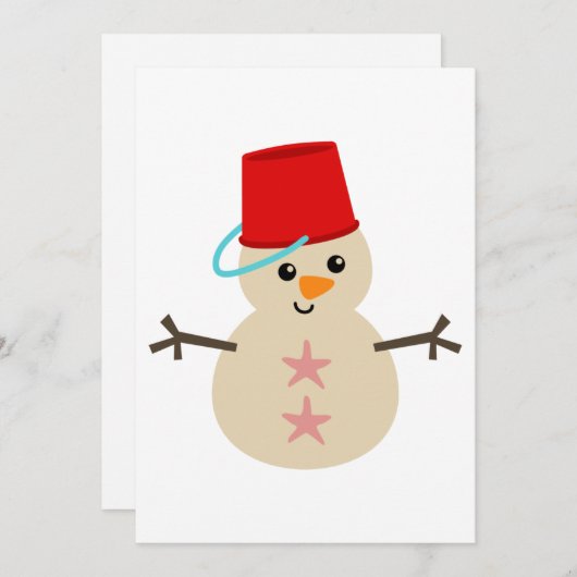 Schattige sneeuwman gemaakt van zand met emmer als feestdagenkaart (Voorkant / Achterkant)