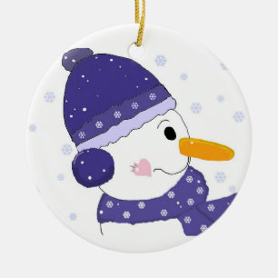 Schattige Sneeuwman in Blauwe Hoed en Sjaal Keramisch Ornament