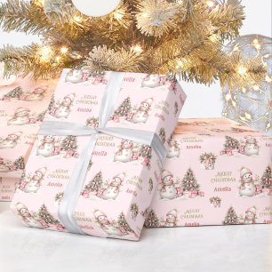Schattige Sneeuwman Kerst Roze Meisje Naam Tekst Cadeaupapier