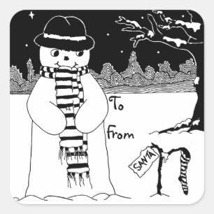schattige sneeuwman met sjaal en pet zwart-wit vierkante sticker