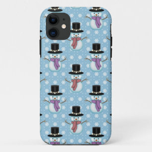Schattige Sneeuwmannen op Lichtblauw Patroon iPhone 11 Hoesje