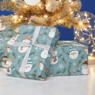 Schattige Sneeuwmannen Sneeuwvlokken Groene Kerstm Cadeaupapier